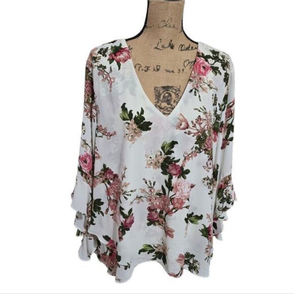 Tahari Victorian Rose‎ Ruffle Bell Sleeve Blouse Plus Size 2X New